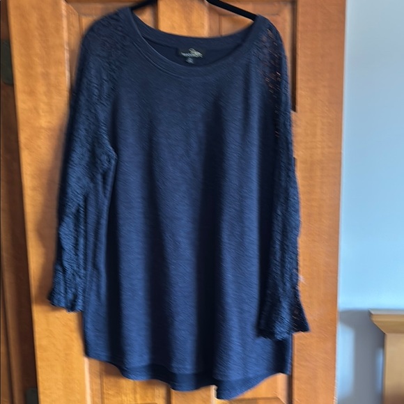 Women's Navy Top with Lace Sleeves - Picture 1 of 4